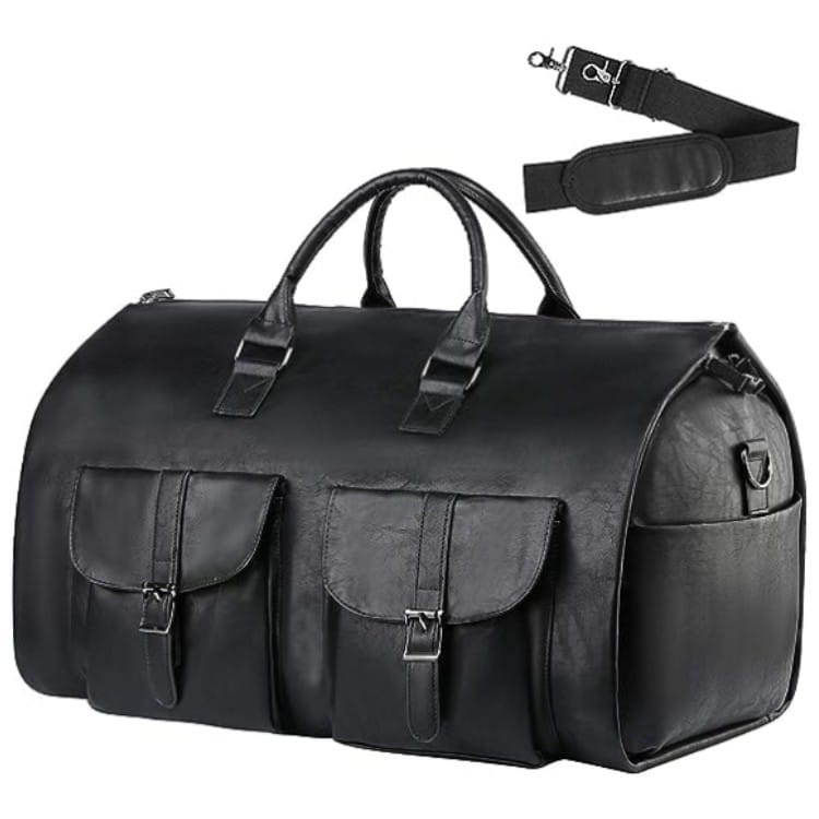 Black leather multifunctional canvas and leather folding travel duffel bag with two front flap pockets and a detachable shoulder strap.