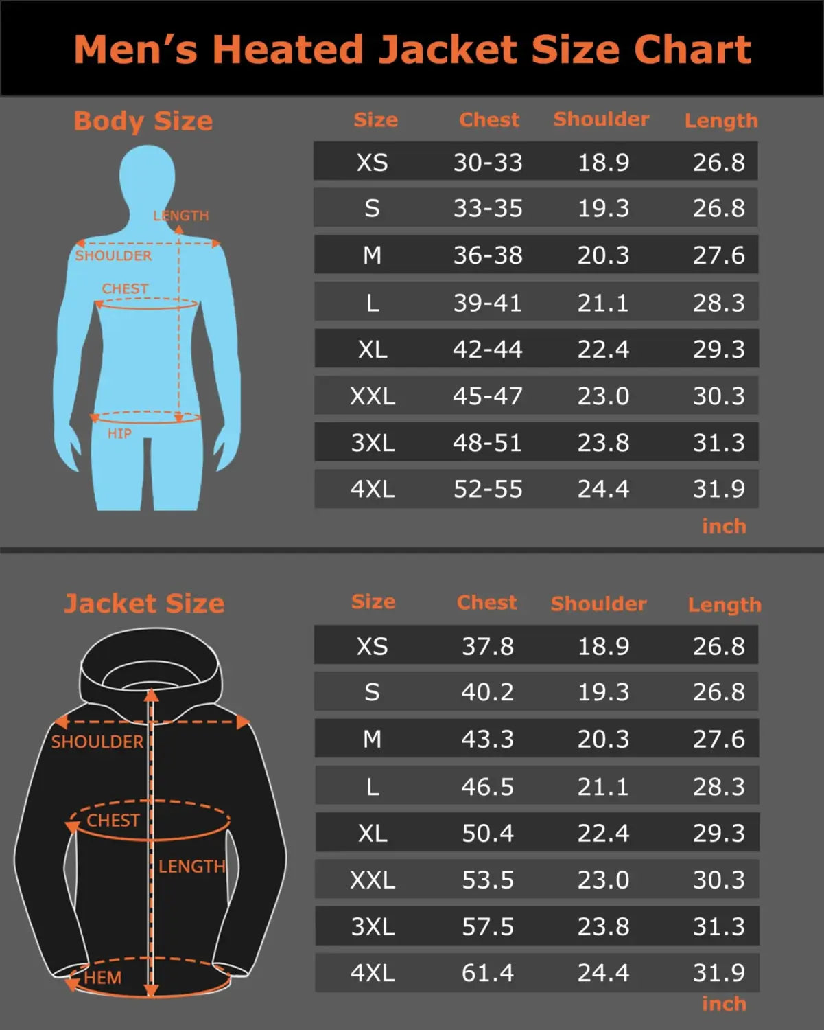 Men’s 8-zone intelligent lightweight heated hooded jacket size chart for black color with orange measurement lines and text.
