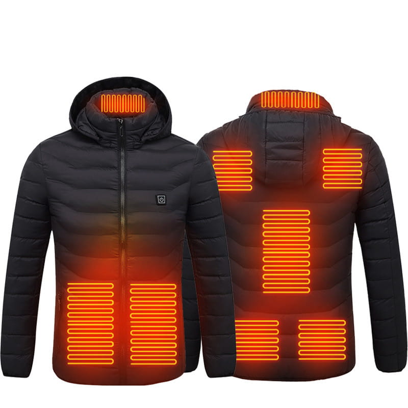 Men’s black 8-zone intelligent lightweight heated hooded jacket with glowing orange heating panels along the collar shoulders and lower torso.