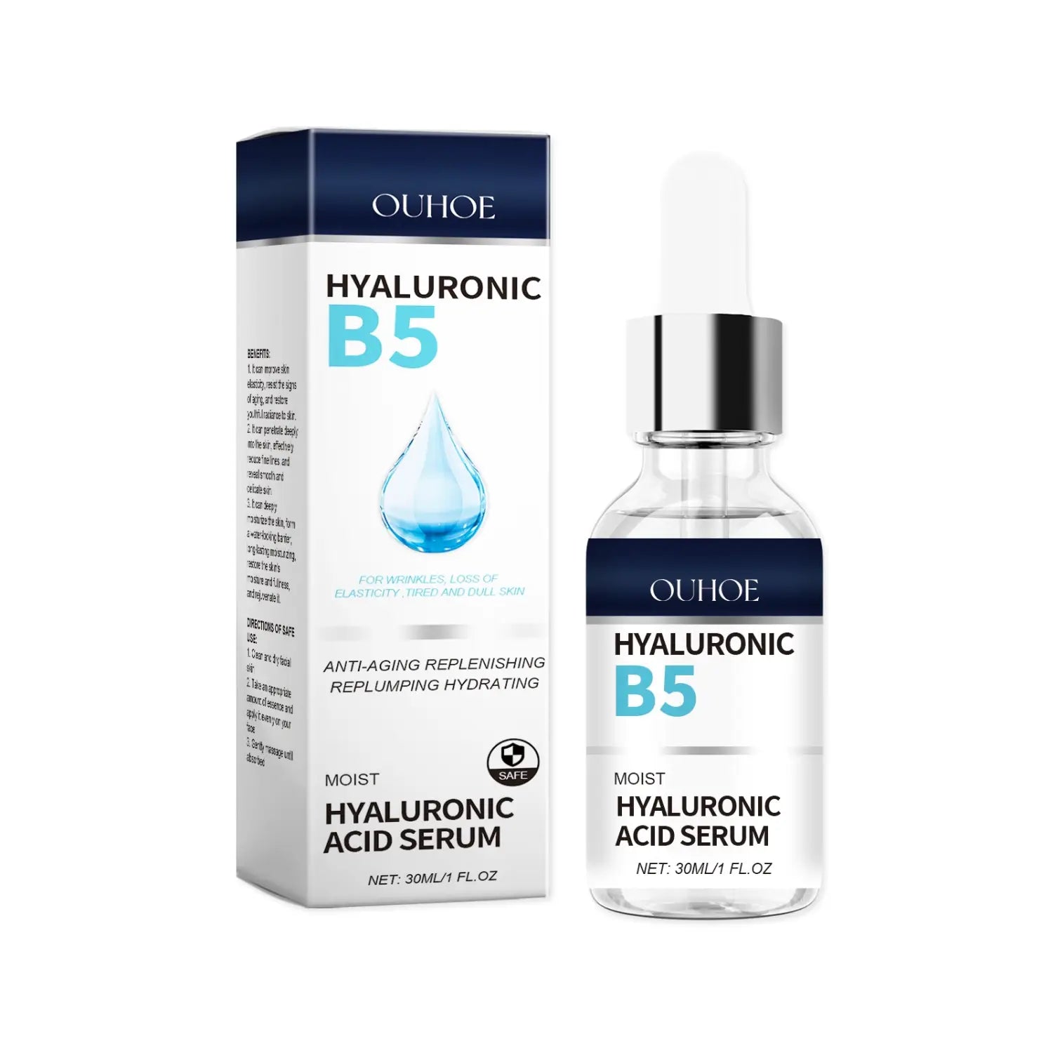 botella de vidrio transparente con gotero plateado y tapa de gotero y etiqueta blanca que contiene suero de ácido hialurónico B5 ouhooe con vitamina E y glicerina, diseñado para la hidratación y el cuidado de la piel