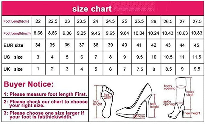 Pink-bordered size chart for patent leather knee high block heel square toe boots displaying measurements in centimeters and inches with European, US, and UK sizes.