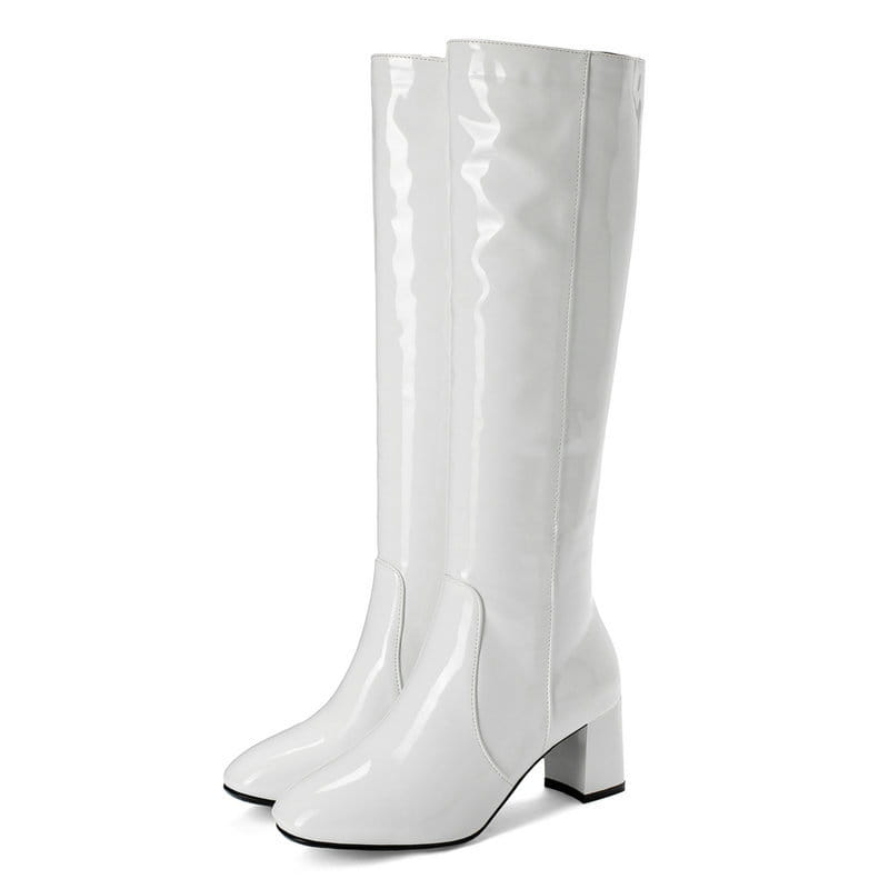 White patent leather knee high boots with a block heel and square toe designed for stylish wear.