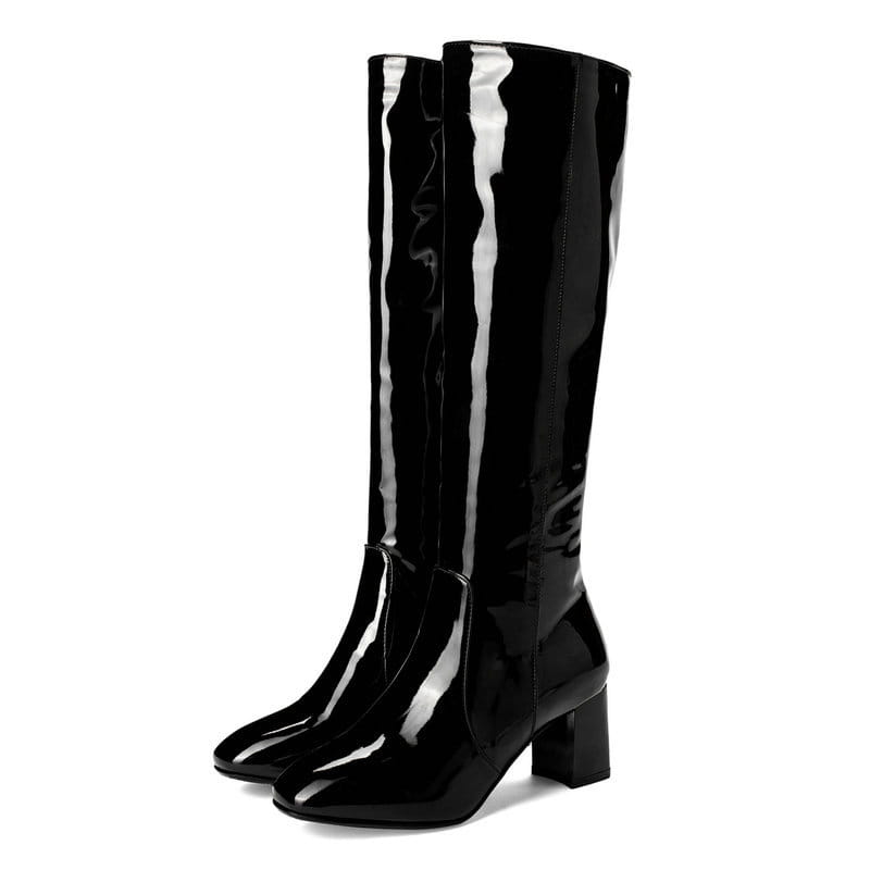 Black patent leather knee high boots with a square toe and block heel for stylish and comfortable wear.