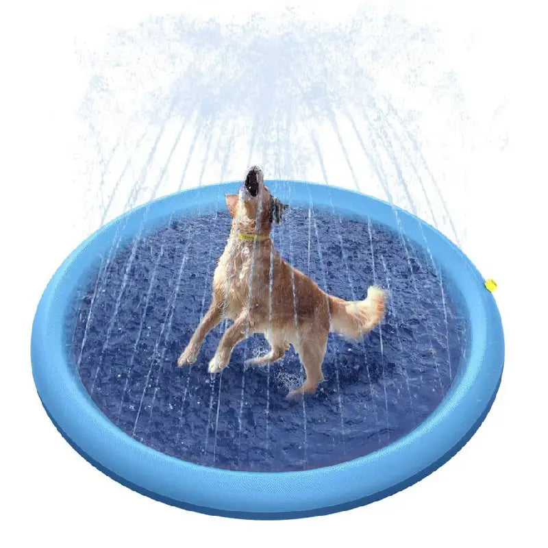Alfombra inflable azul antideslizante para juegos con agua de perros, con múltiples boquillas rociadoras, diseñada como una zona de chapoteo para el enfriamiento y la recreación al aire libre de las mascotas.