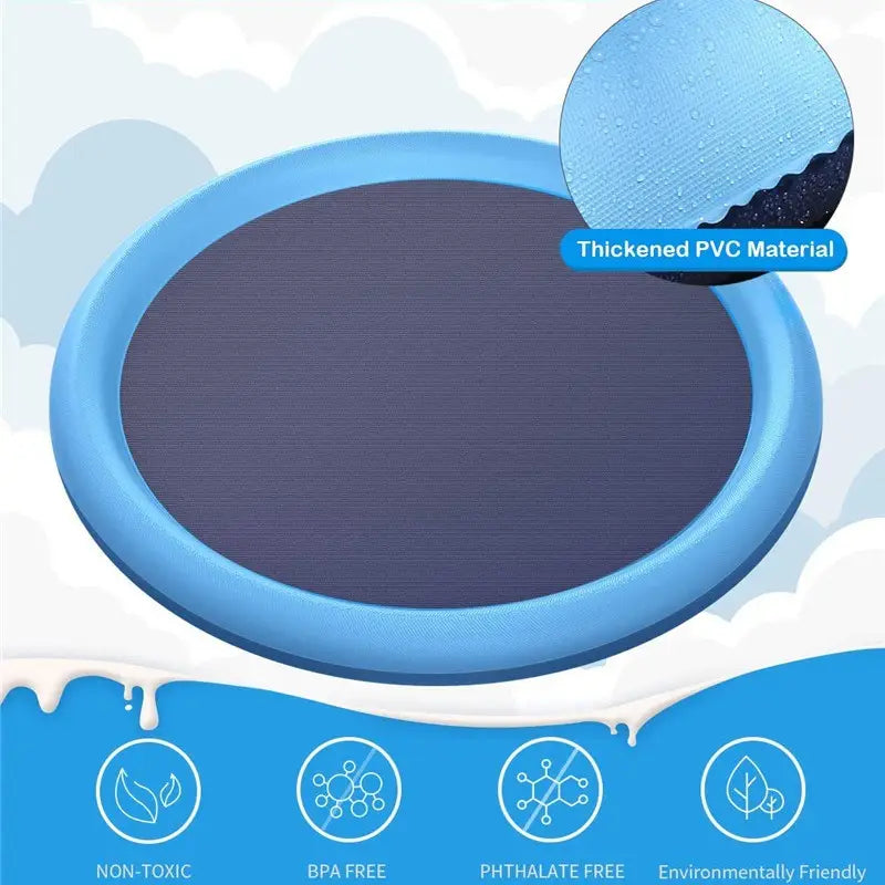 Alfombrilla rociadora para perros antideslizante inflable de forma ovalada azul, hecha de material de PVC reforzado, con un centro texturizado de color azul oscuro