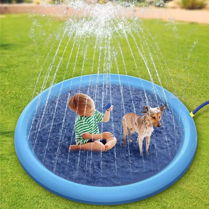 Alfombra inflable antideslizante azul para rociar agua para perros, con chorros de agua que se dirigen hacia abajo, diseñada como una zona de chapoteo para mascotas.