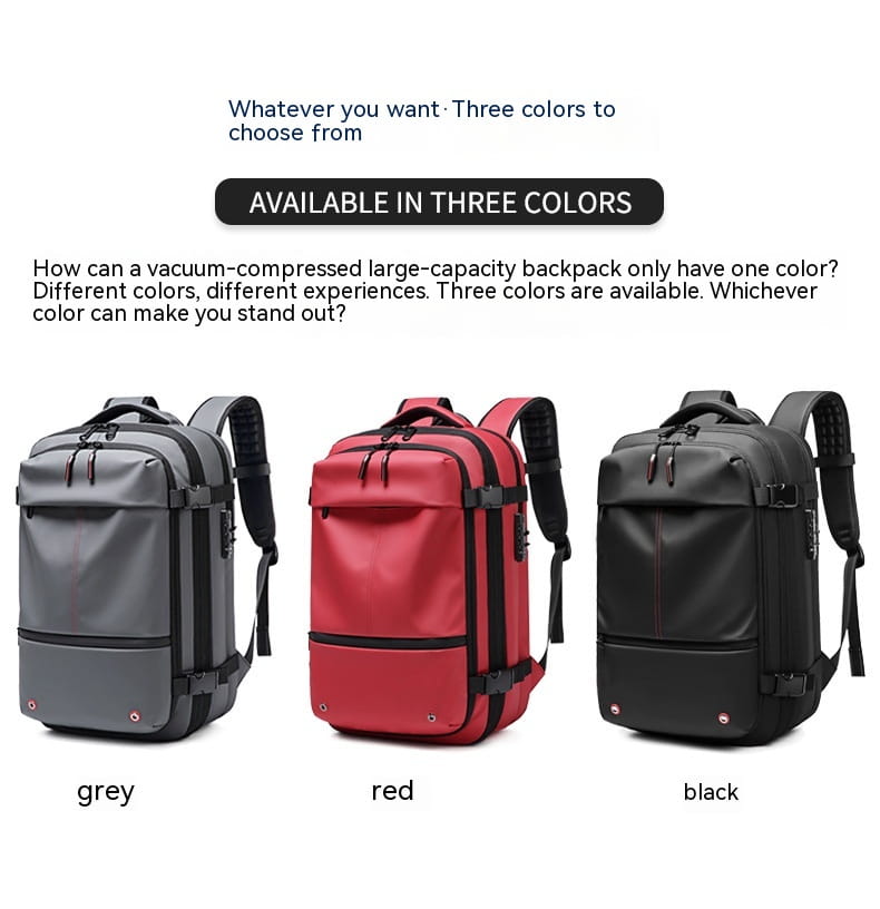 A sleek vacuum-compressed large-capacity travel backpack available in grey red and black with modern design durable material suitable for business and laptop use.