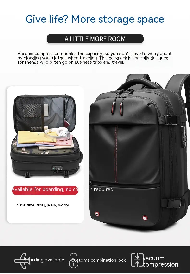 Black travel backpack vacuum compression business laptop bag with red stitching and combination lock.