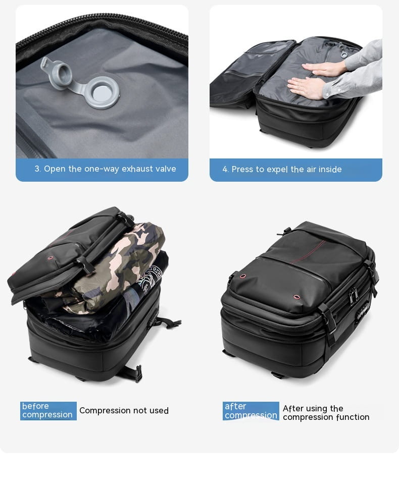 Black travel backpack vacuum compression business laptop bag showing the back side with multiple zippered compartments and durable material.
