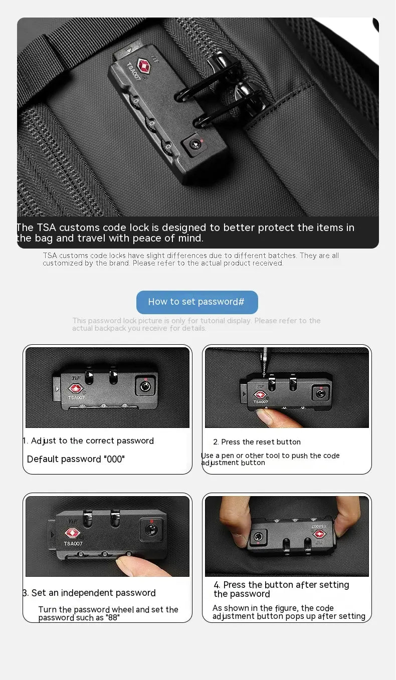black tsa-approved suitcase lock with red logo and three numbered dials for password security on a travel backpack vacuum compression business laptop bag