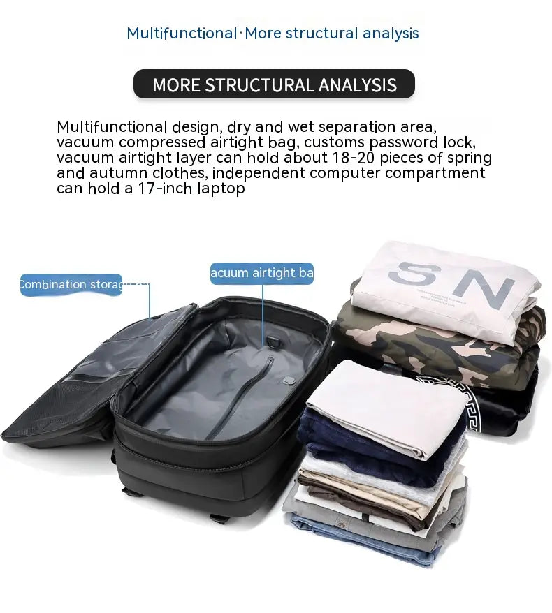 Black multifunctional vacuum compression travel backpack with air-tight design custom password lock and dedicated compartment for 17-inch laptop for business use