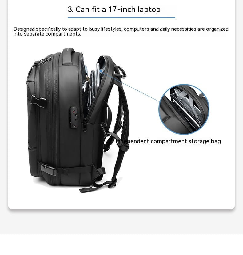 Black travel backpack vacuum compression business laptop bag with multiple compartments and adjustable straps shown from the back side.