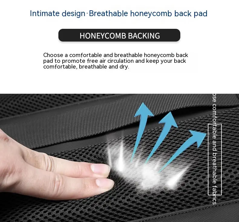 Black breathable honeycomb back pad made of ventilated material with a hand pressing against it to demonstrate texture and airflow on the back side of a travel backpack vacuum compression business laptop bag.