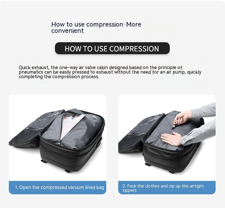 black vacuum compression bag with one-way air valve for easy inflation and deflation designed for travel backpack vacuum compression business laptop bag use