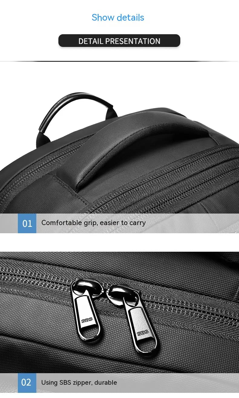 Black travel backpack vacuum compression business laptop bag featuring durable SBS zippers and a comfortable grip handle.
