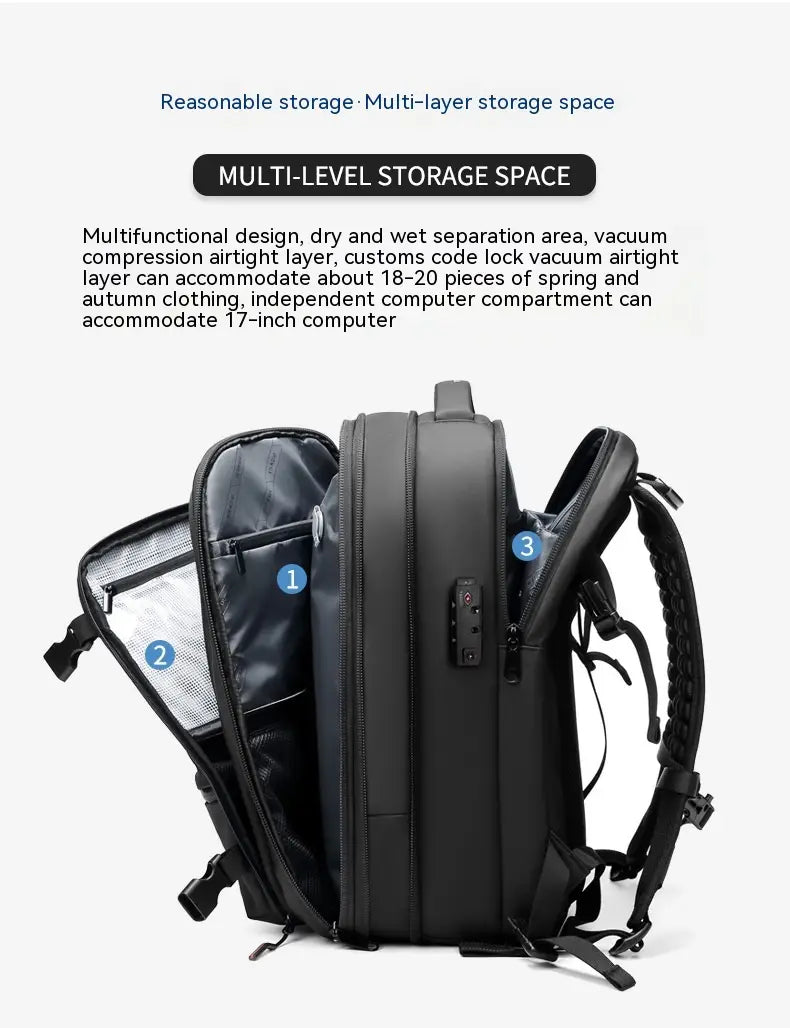 Black travel backpack vacuum compression business laptop bag with multiple compartments adjustable straps and a secure lockable zipper on the side.