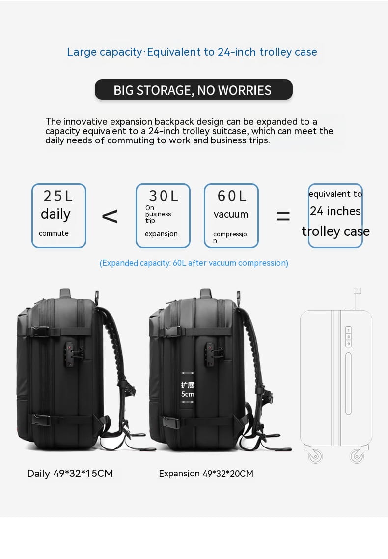 Black expandable travel backpack vacuum compression business laptop bag with multiple capacity options and sleek durable design.