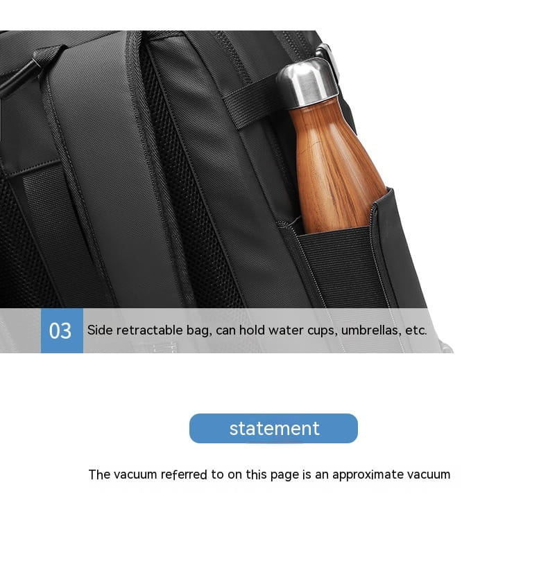 A sleek black travel backpack vacuum compression business laptop bag with a side retractable pocket holding a wooden textured water bottle with a silver metallic cap.