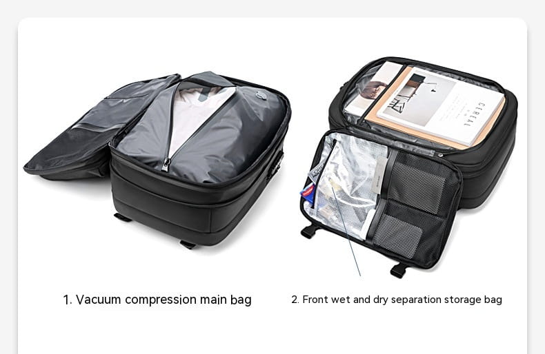 Black travel backpack vacuum compression business laptop bag with transparent zippered compartments and mesh storage pockets.