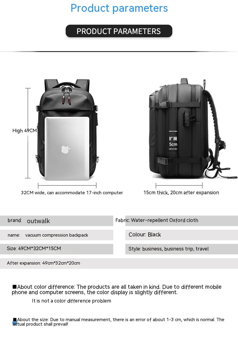 black outwalk vacuum compression travel backpack made of water-repellent oxford cloth designed for business trips and travel shown from the back side