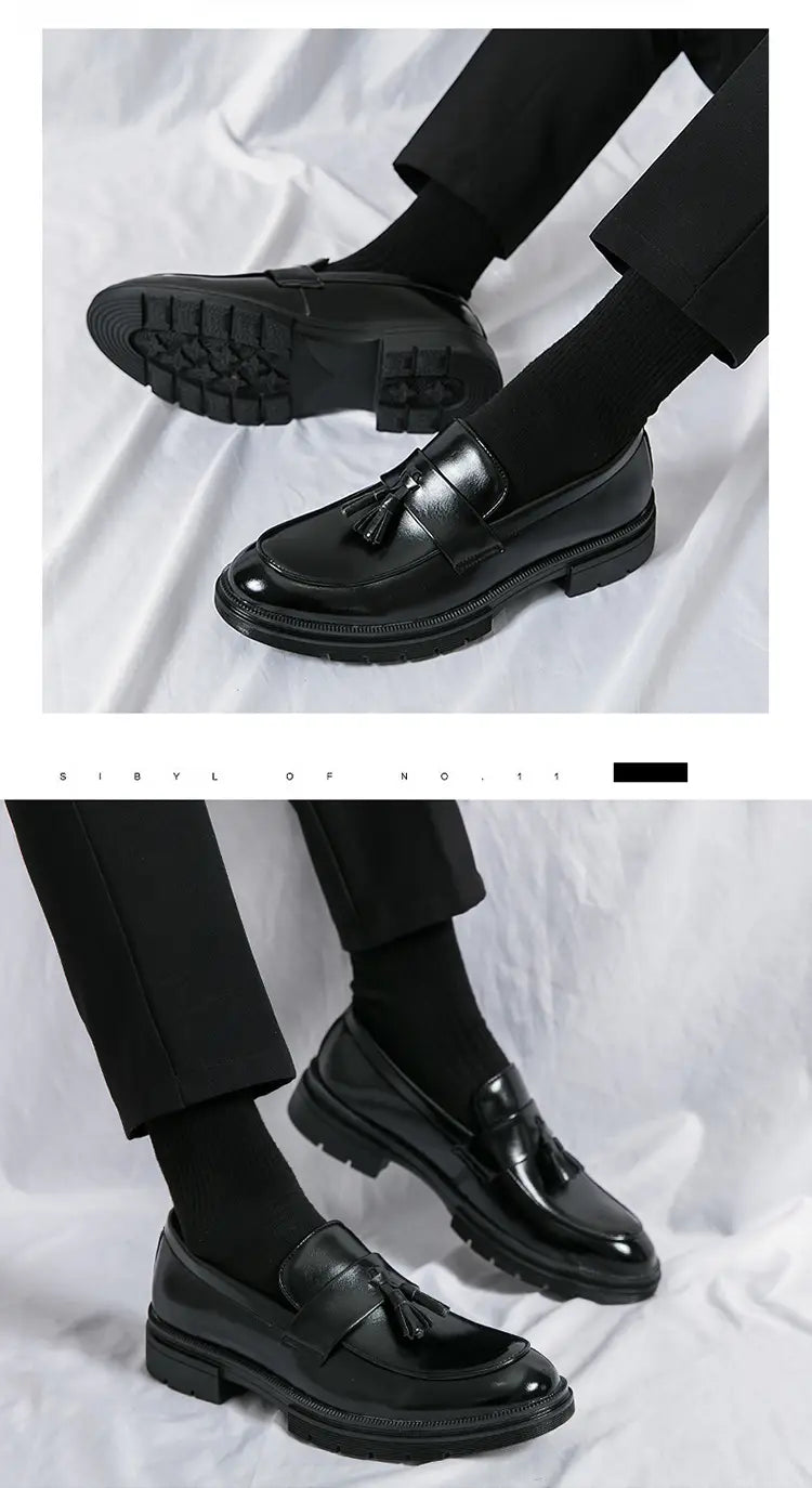 men’s breathable black patent leather tassel loafers with chunky sole for stylish formal and casual wear