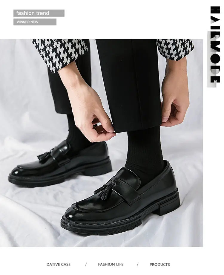 men’s breathable black patent leather tassel loafers with chunky sole for stylish formal and casual wear