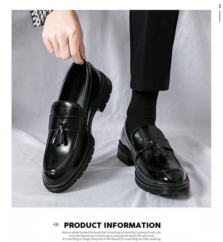 men’s breathable black patent leather tassel loafers with chunky sole for stylish formal and casual wear