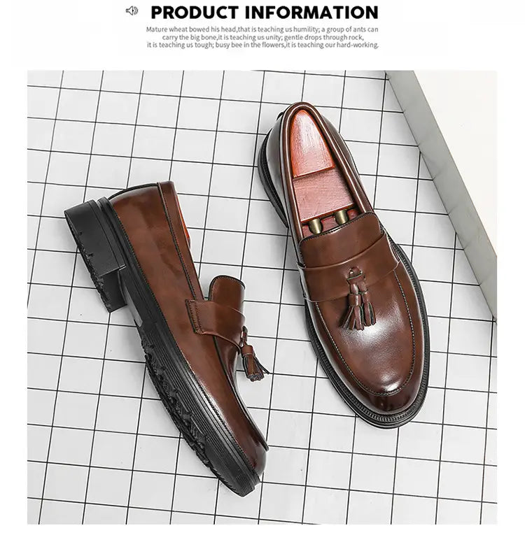men’s breathable black patent leather tassel loafers with chunky sole for stylish formal and casual wear