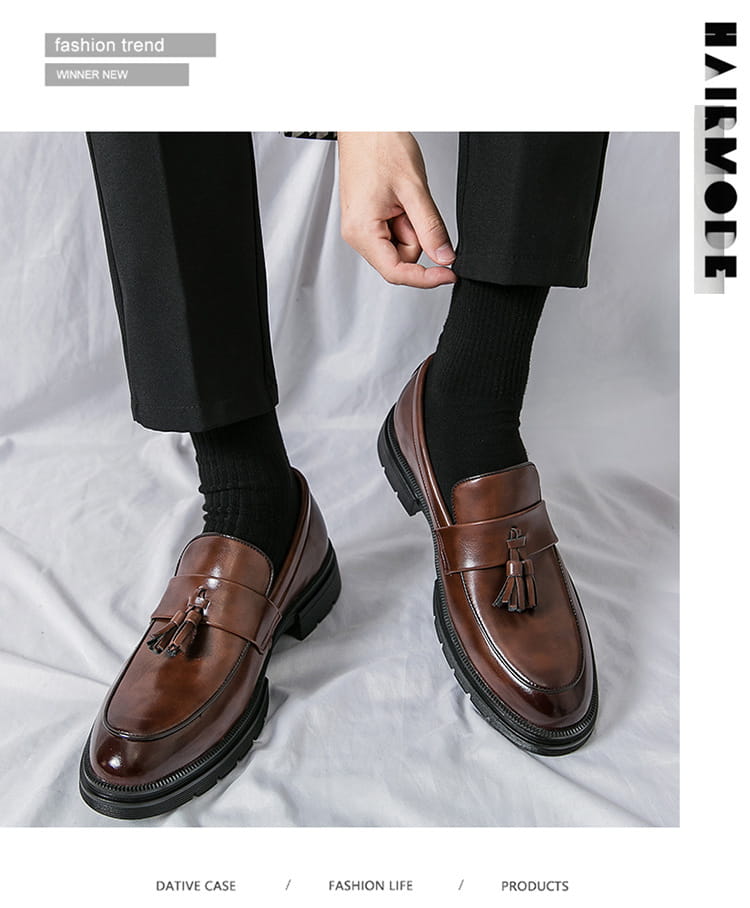 men’s breathable black patent leather tassel loafers with chunky sole for stylish formal and casual wear