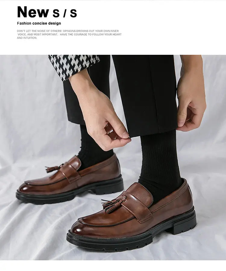 men’s breathable black patent leather tassel loafers with chunky sole for stylish formal and casual wear