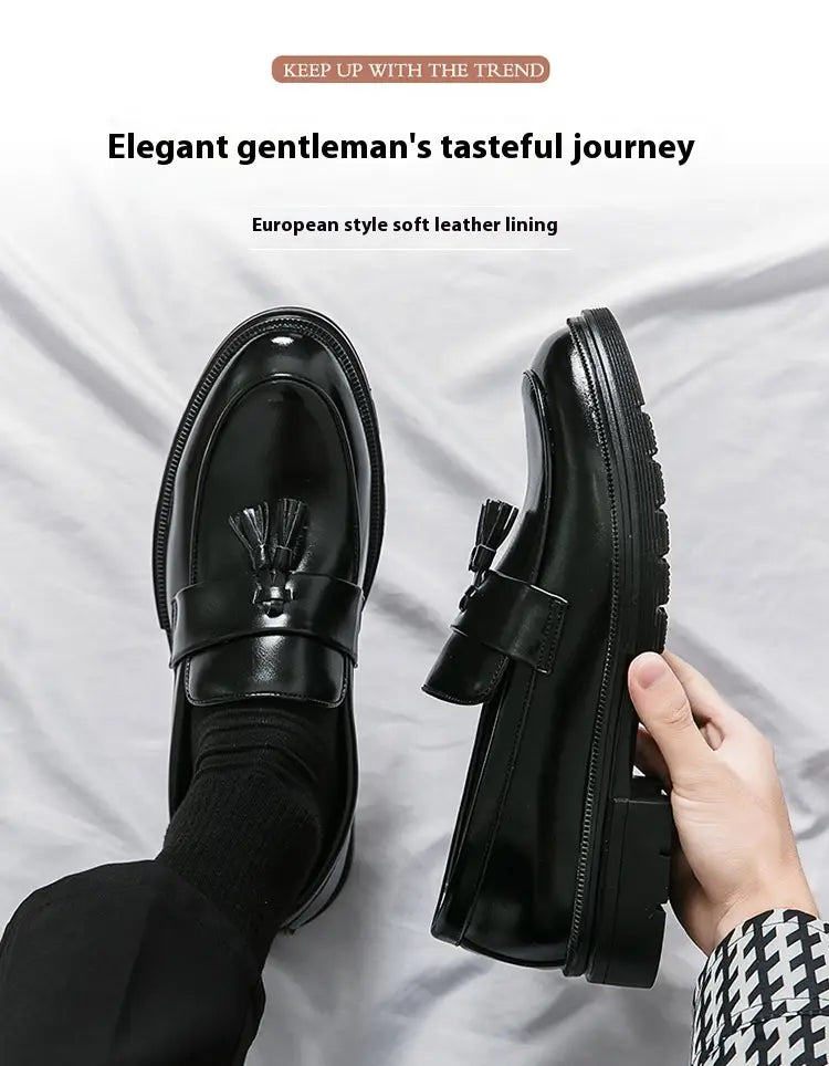 men’s breathable black patent leather tassel loafers with chunky sole for stylish formal and casual wear