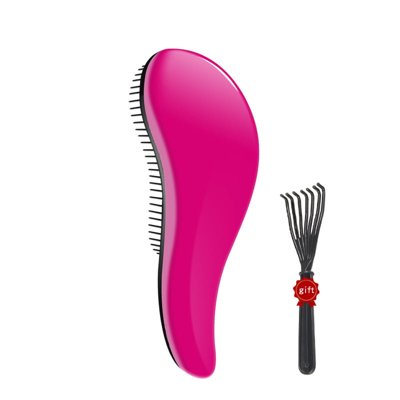 Cepillo para desenredar el cabello de plástico rosa vibrante con diseño ergonómico y cerdas negras del set de peines de peinado brillante de 3 piezas.
