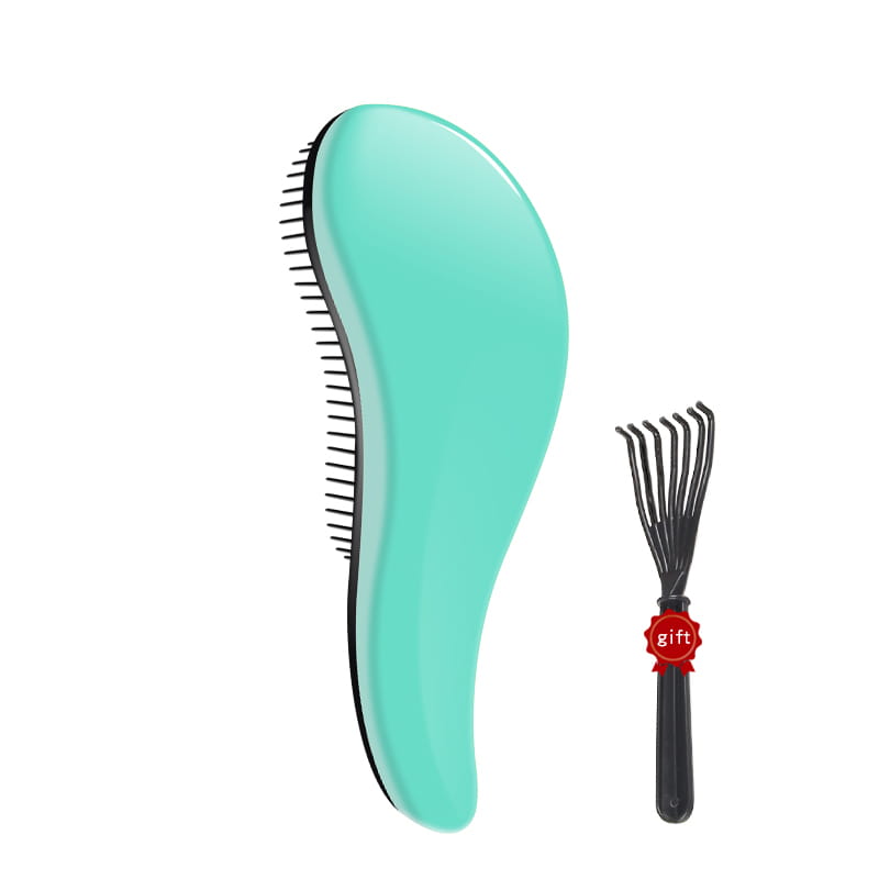 Un elegante cepillo para desenredar el cabello de plástico verde menta con cerdas negras del set de 3 piezas de peine de peinado brillante para desenredar el cabello.