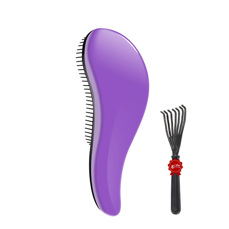 Cepillo para desenredar el cabello de plástico morado con cerdas negras de un set de peine de peinado brillante de 3 piezas.