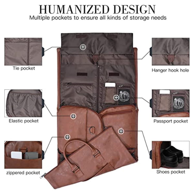 brown leather convertible travel garment bag with multiple organized pockets for storing ties passports shoes and other essentials including a shoe pocket