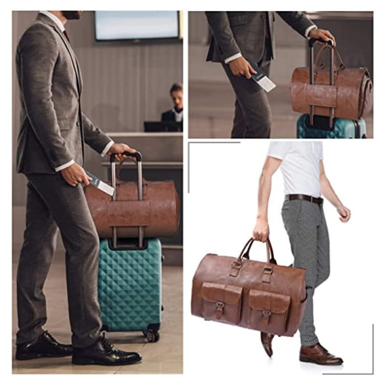Brown leather rolling duffel bag with top handle and side pockets as part of a convertible leather travel garment bag with shoe pocket.