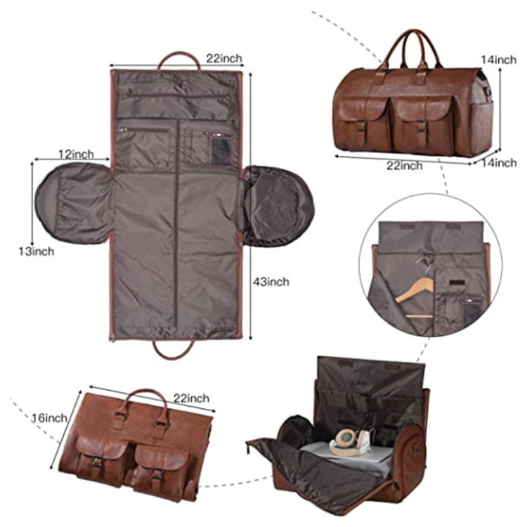 Brown leather convertible travel garment bag with multiple compartments shoe pocket and built-in hanger displayed from the back side.