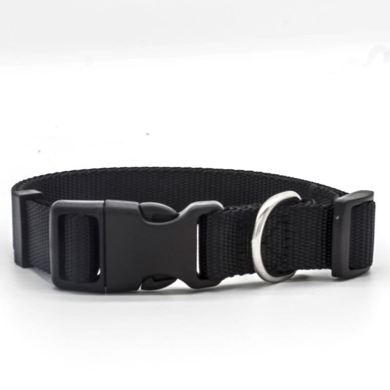 black nylon dog collar with adjustable strap featuring a black plastic buckle and silver metal d-ring for pet neck use