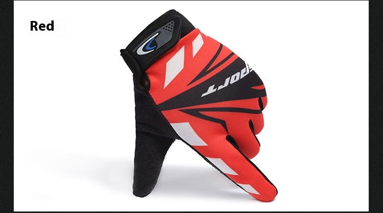 Red and black sporty cycling gloves with white accents and non slip touch screen material showing the back side with the brand name joff.