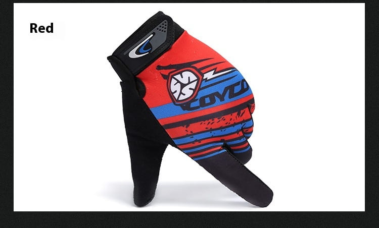 red and blue graphic cycling glove with black accents showing the back side designed for touch screen use and non slip athletic performance