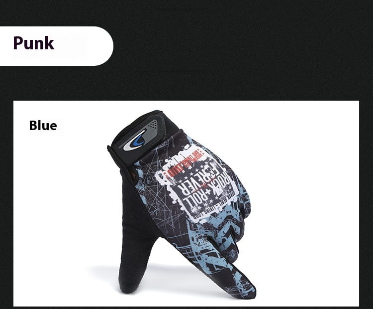 The back side of a blue punk-themed cycling glove with black and gray graphic design featuring text stars and abstract patterns, designed for touch screen use and non-slip athletic performance.