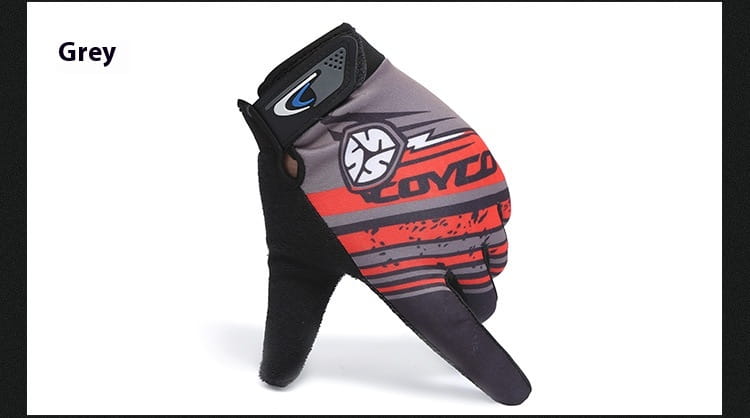 Back side of a grey and red sport cycling glove with black accents featuring a bold logo design and touch screen non slip athletic functionality.