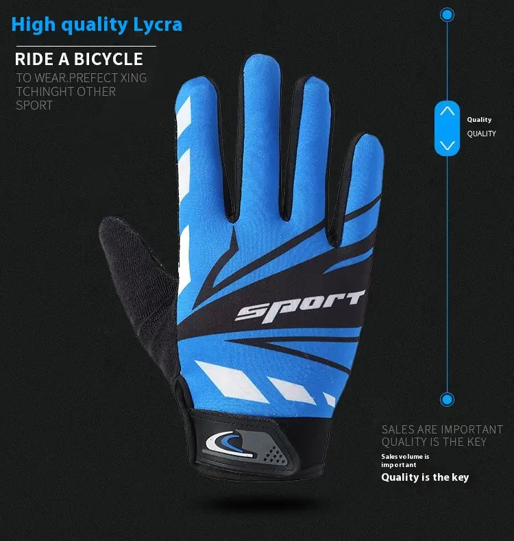 Blue and black athletic cycling glove with white accents made of high-quality lycra shown from the back side designed for touch screen and non slip use