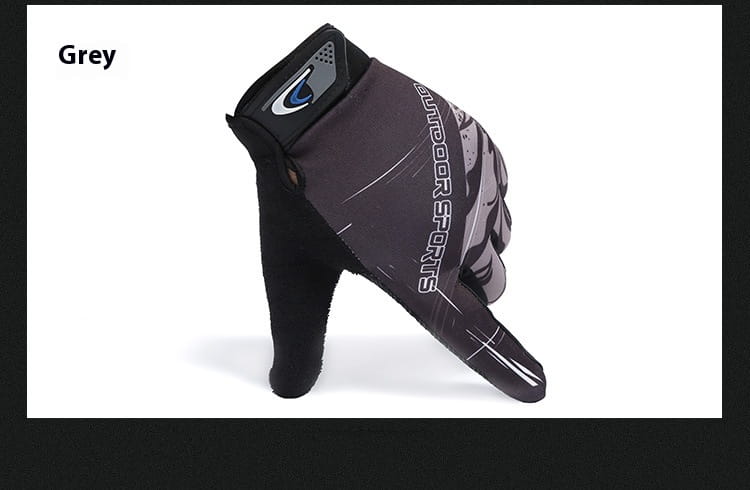 Grey outdoor cycling glove with black accents and white text detailing shown from the back side featuring touch screen and non slip athletic design.