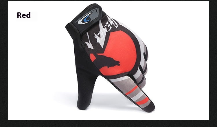 Red cycling glove with black and gray accents featuring a bold red circular design on the back side, designed as a touch screen athletic non slip glove.