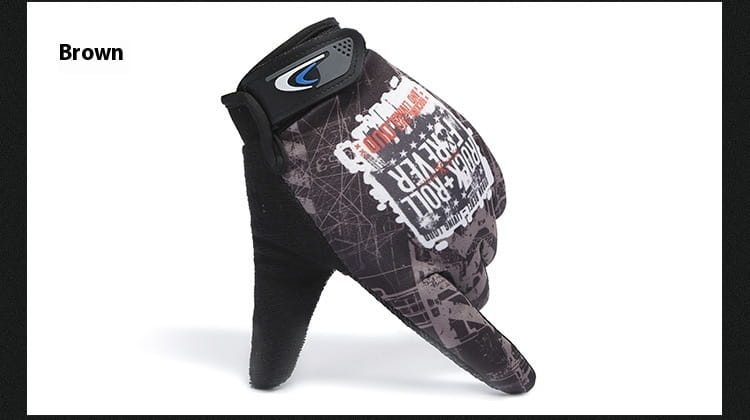 brown tactical cycling glove with black and gray graphic design and branded wrist strap shown from the back side featuring touch screen and non slip athletic functionality