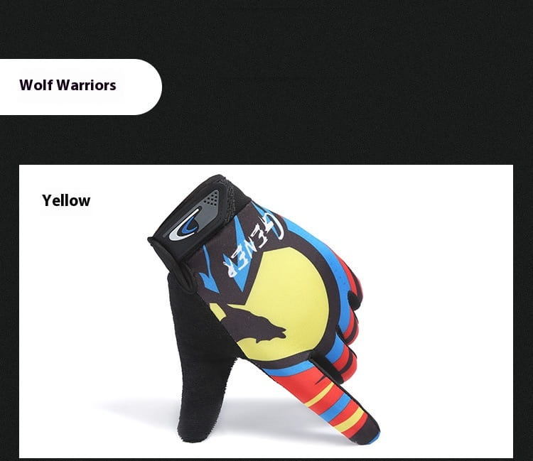 Yellow wolf warriors cycling glove in yellow with black blue and red accents featuring a stylized wolf graphic designed for touch screen use and non slip athletic performance showing the back side.