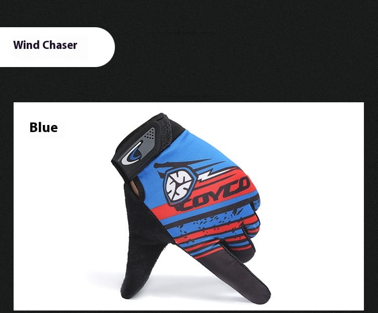 Blue and red wind chaser cycling glove with black accents displaying a bold graphic design and the coyco brand logo on the back side, featuring touch screen capability and non slip athletic functionality.