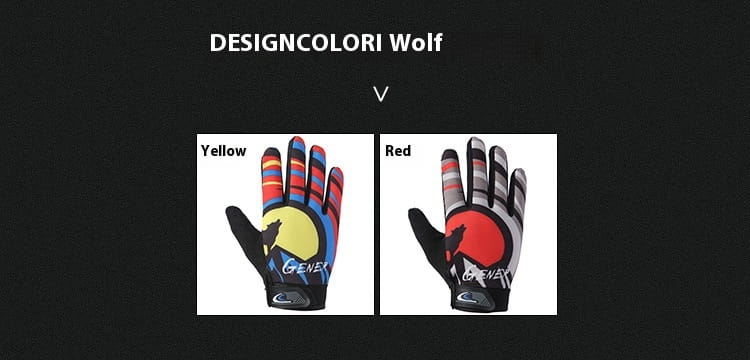Back side of designcolori cycling gloves touch screen athletic non slip in vibrant yellow and red featuring bold wolf silhouettes and colorful striped accents on the fingers.
