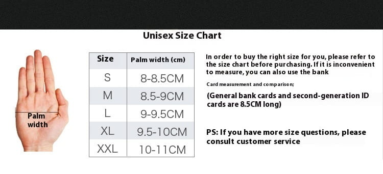 Unisex cycling gloves touch screen athletic non slip size chart displaying palm width measurements for sizes s through xxl with a hand illustration indicating the measurement point.
